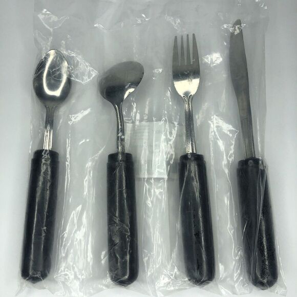 Sammons Preston Black Handle Ez Large Grip Weighted Set of 4 Silverware NEW‎ - Picture 7 of 9